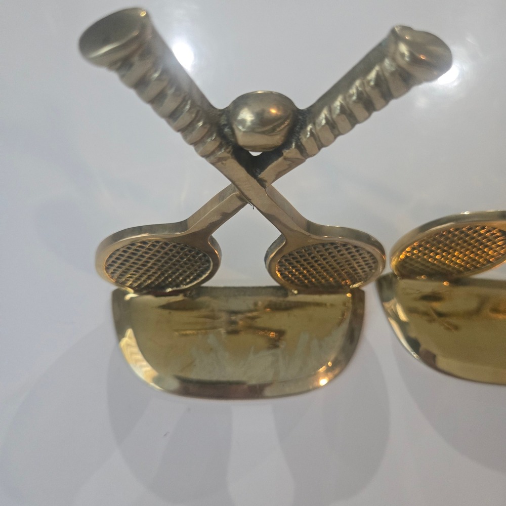 Vintage Brass Tennis Racket Bookends Pair 1970s Taiwan Sports Decor Gold Tone - Picture 6 of 11